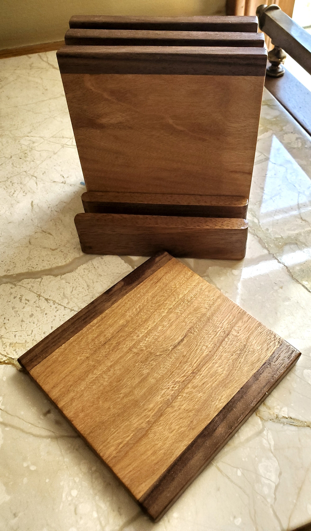 Cherry coasters with walnut accent stripe with holder