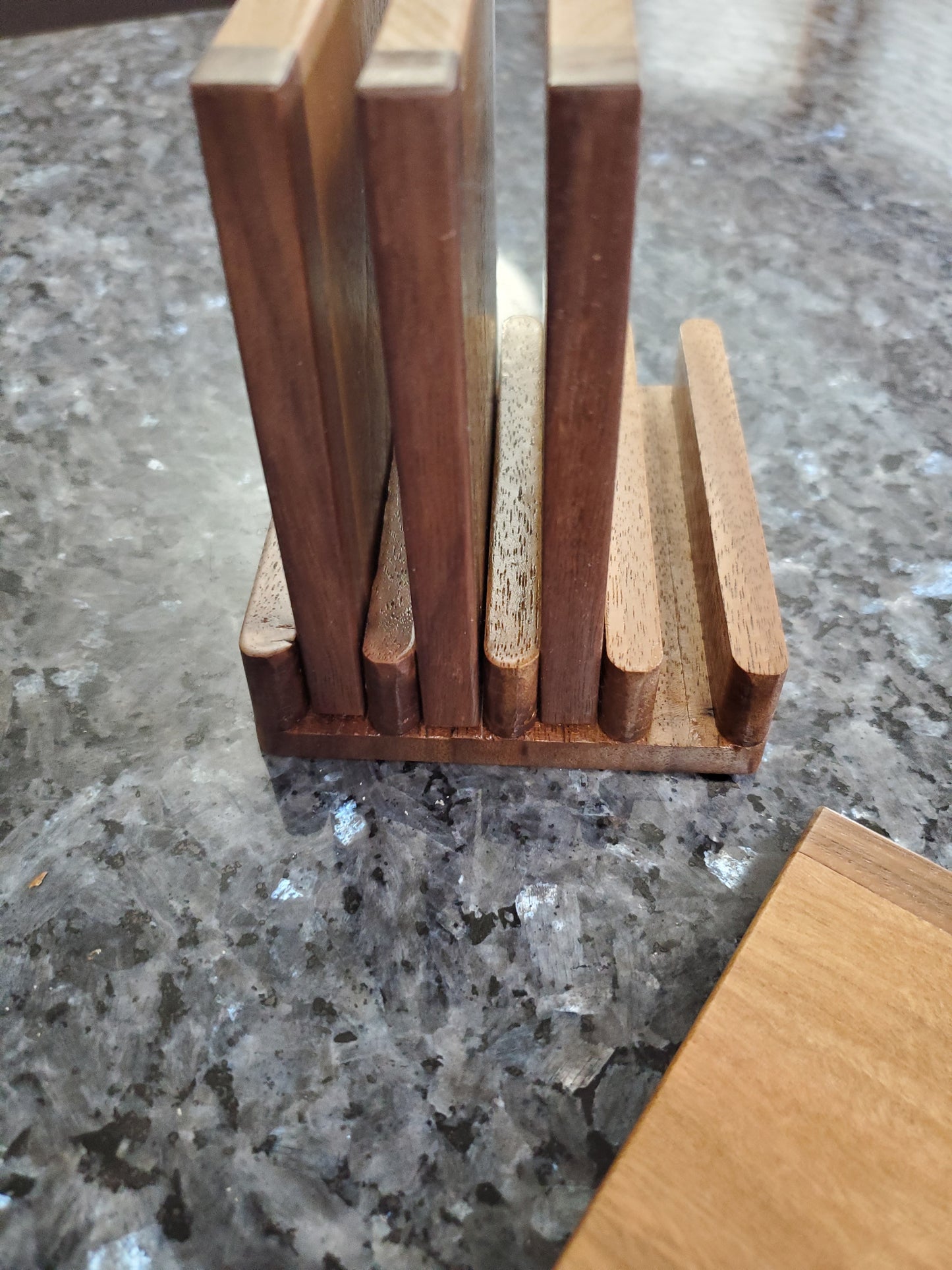 Cherry coasters with walnut accent stripe with holder