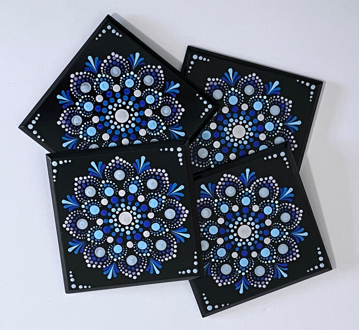 Square Mandala Coasters - Black with Metallic Blue Pattern (set of 4)