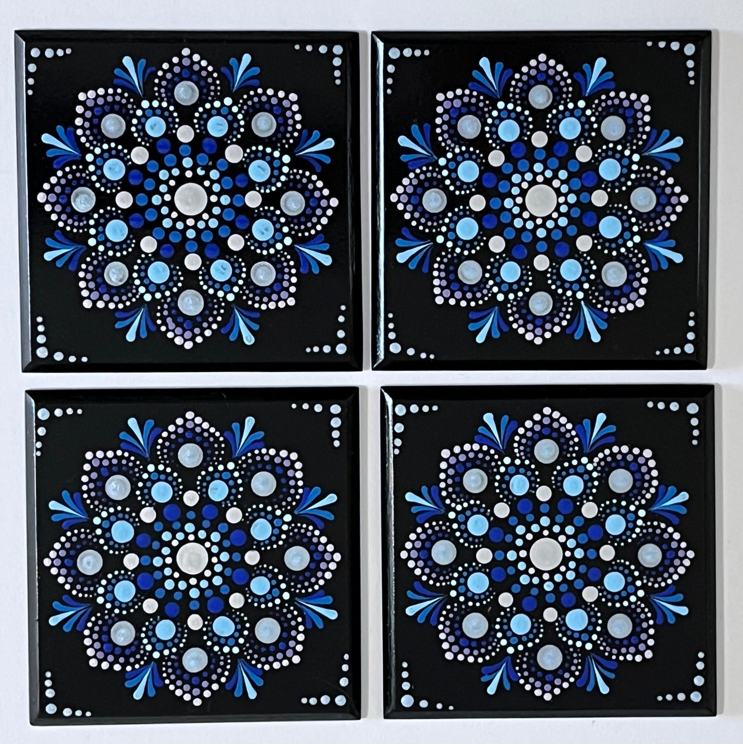 Square Mandala Coasters - Black with Metallic Blue Pattern (set of 4)