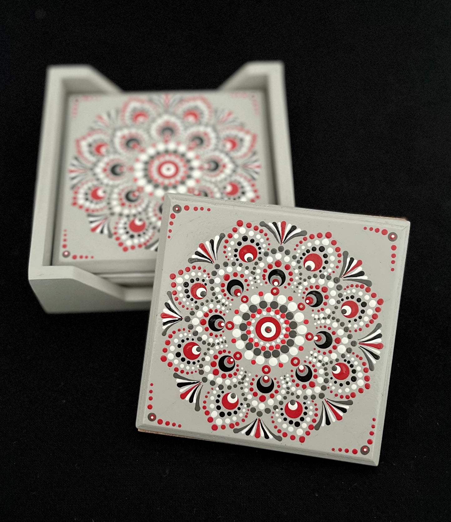 Scarlet & Grey Mandala Coasters - Grey. Set of 4 with box