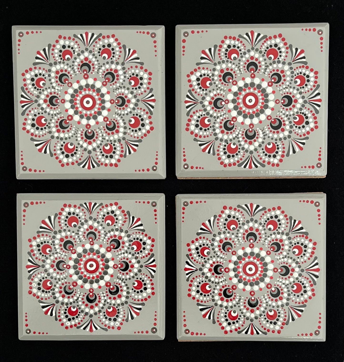 Scarlet & Grey Mandala Coasters - Grey. Set of 4 with box