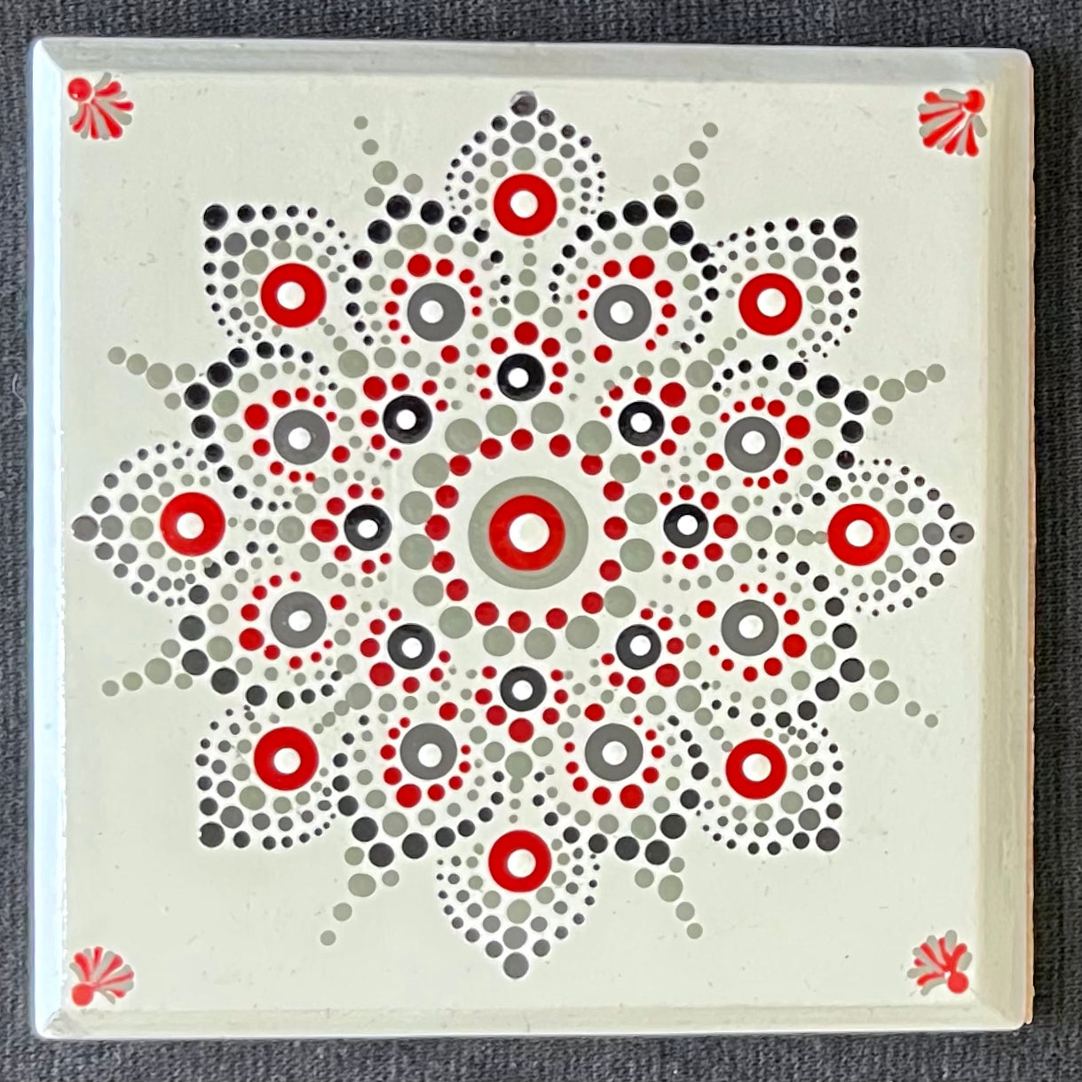 Scarlet & Grey Mandala Coasters #2 - White. Set of 4 with box