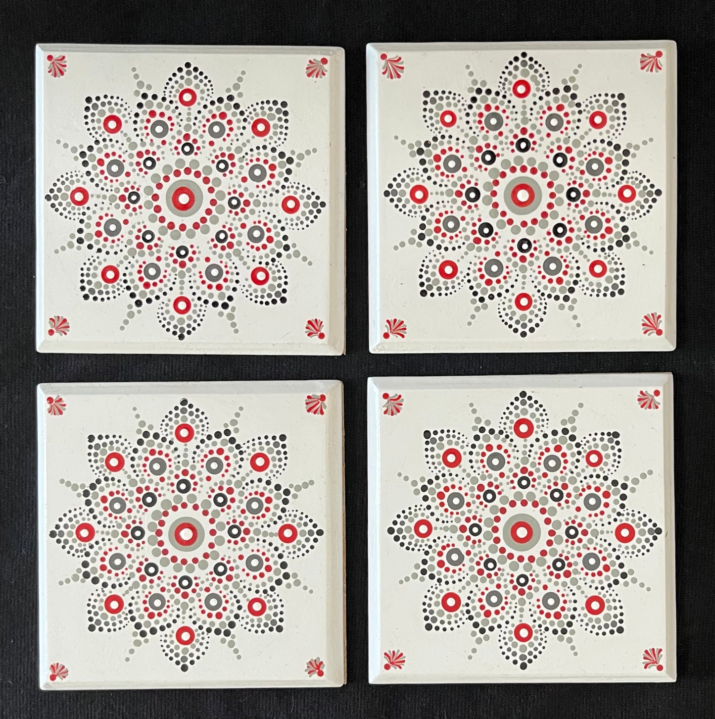 Scarlet & Grey Mandala Coasters #2 - White. Set of 4 with box