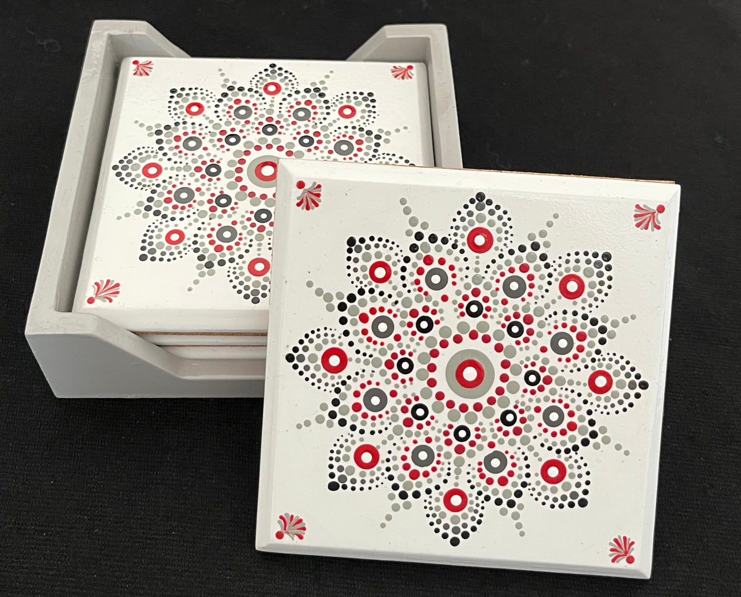 Scarlet & Grey Mandala Coasters #2 - White. Set of 4 with box
