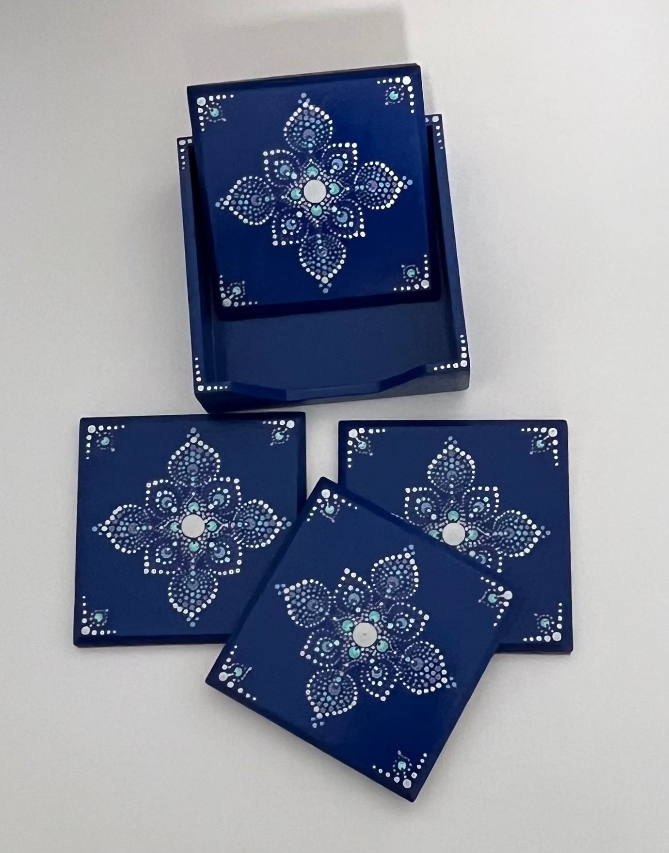Square Mandala Coasters - Cobalt & Silver (set of 4 with box)