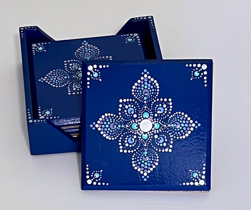 Square Mandala Coasters - Cobalt & Silver (set of 4 with box)