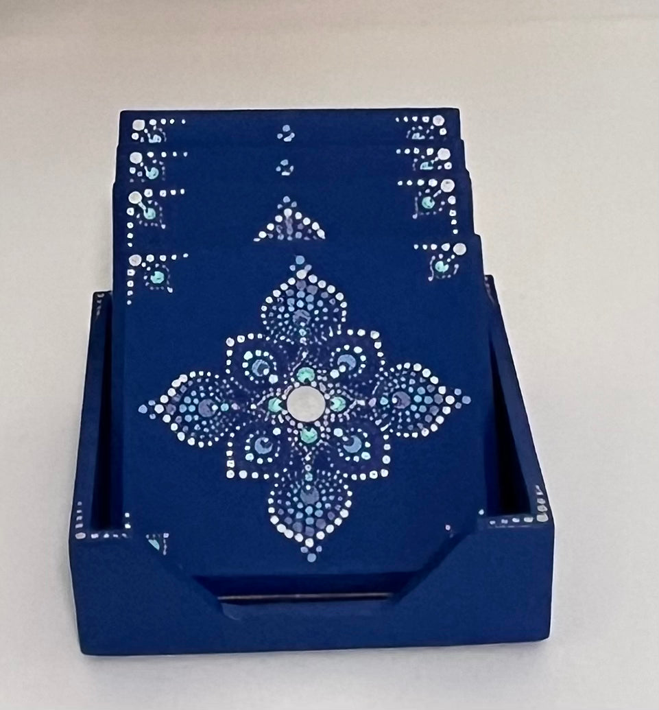 Square Mandala Coasters - Cobalt & Silver (set of 4 with box)