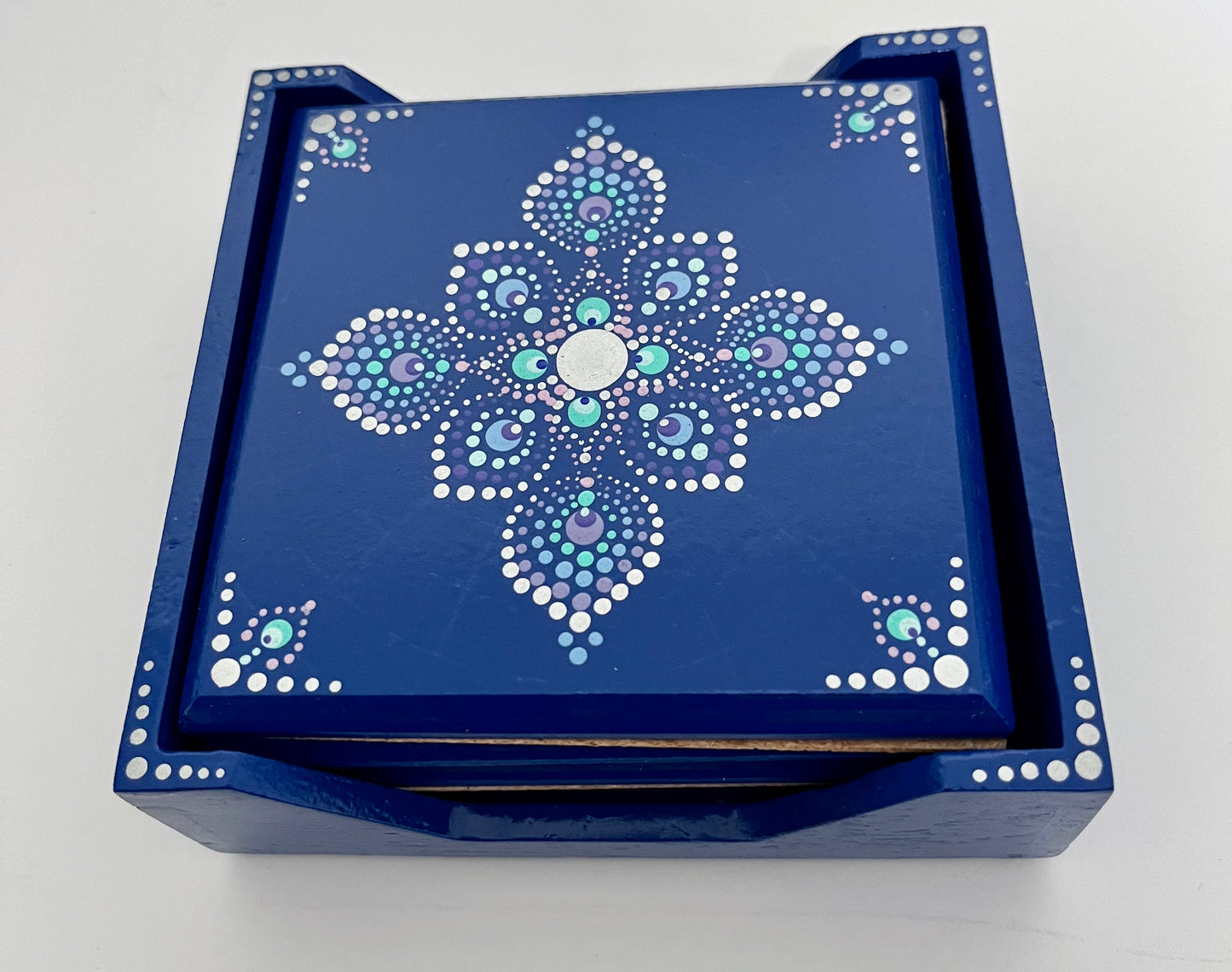 Square Mandala Coasters - Cobalt & Silver (set of 4 with box)