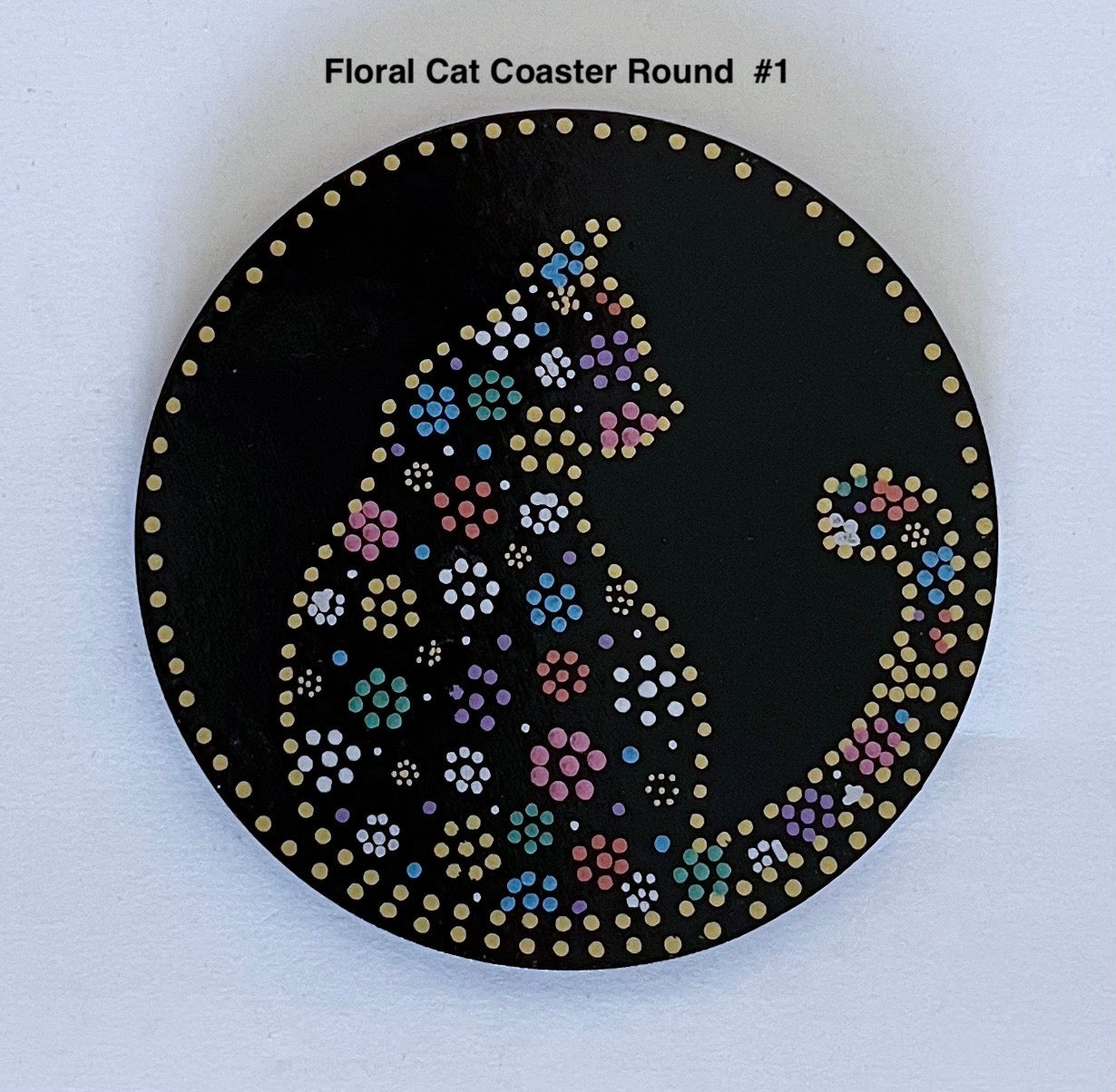 Round Floral Kitty-Cat Coasters - Black - sold separately