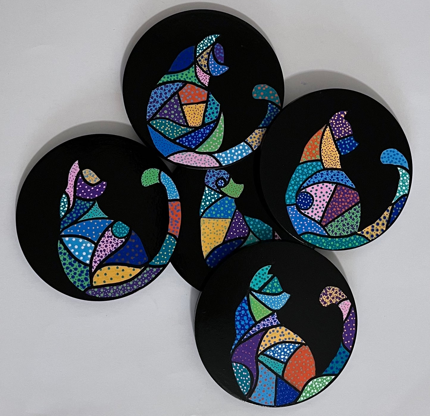 Round Modern Mosaic Cat Coasters - Black (sold individually)