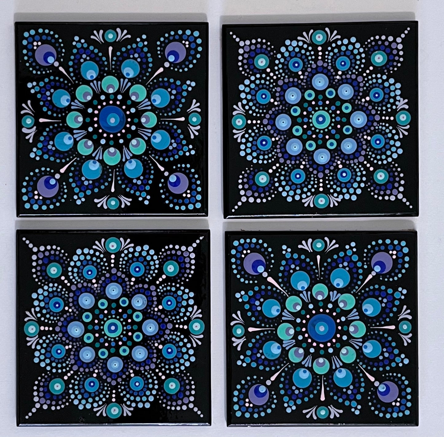 Mandala Coaster - Black with Cool toned Mandala #2 (set of 2)