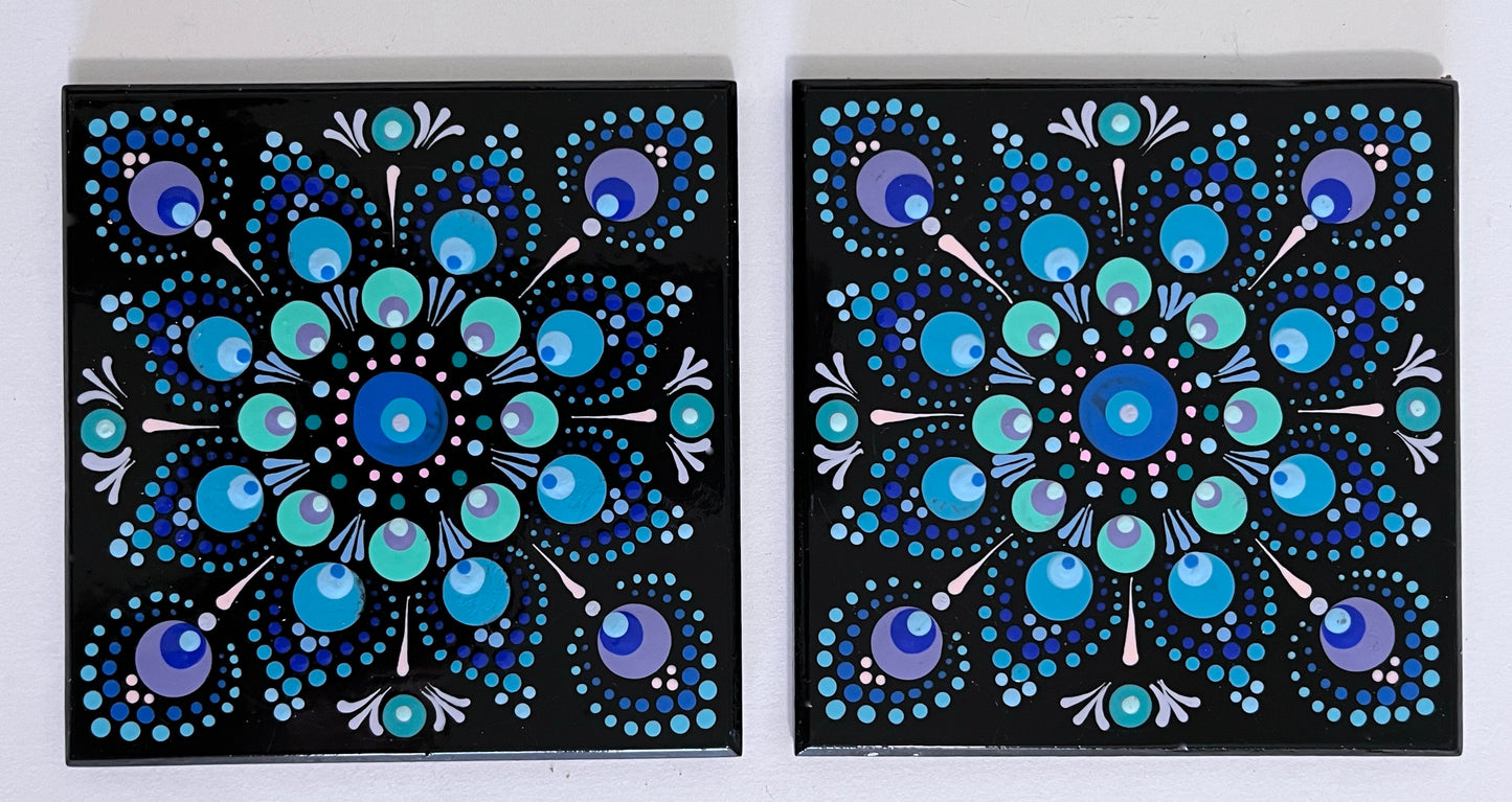 Mandala Coaster - Black with Cool toned Mandala (set of 2)