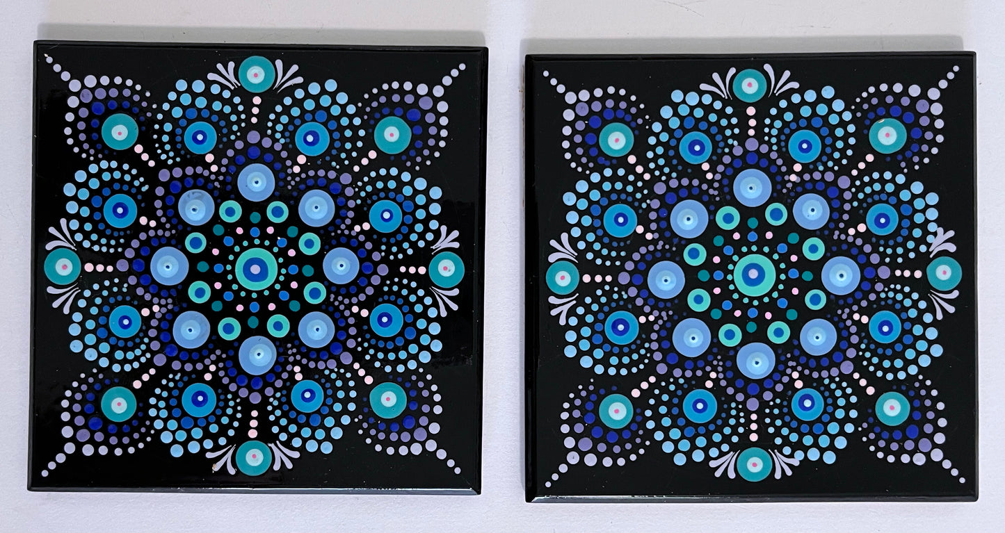 Mandala Coaster - Black with Cool toned Mandala #2 (set of 2)