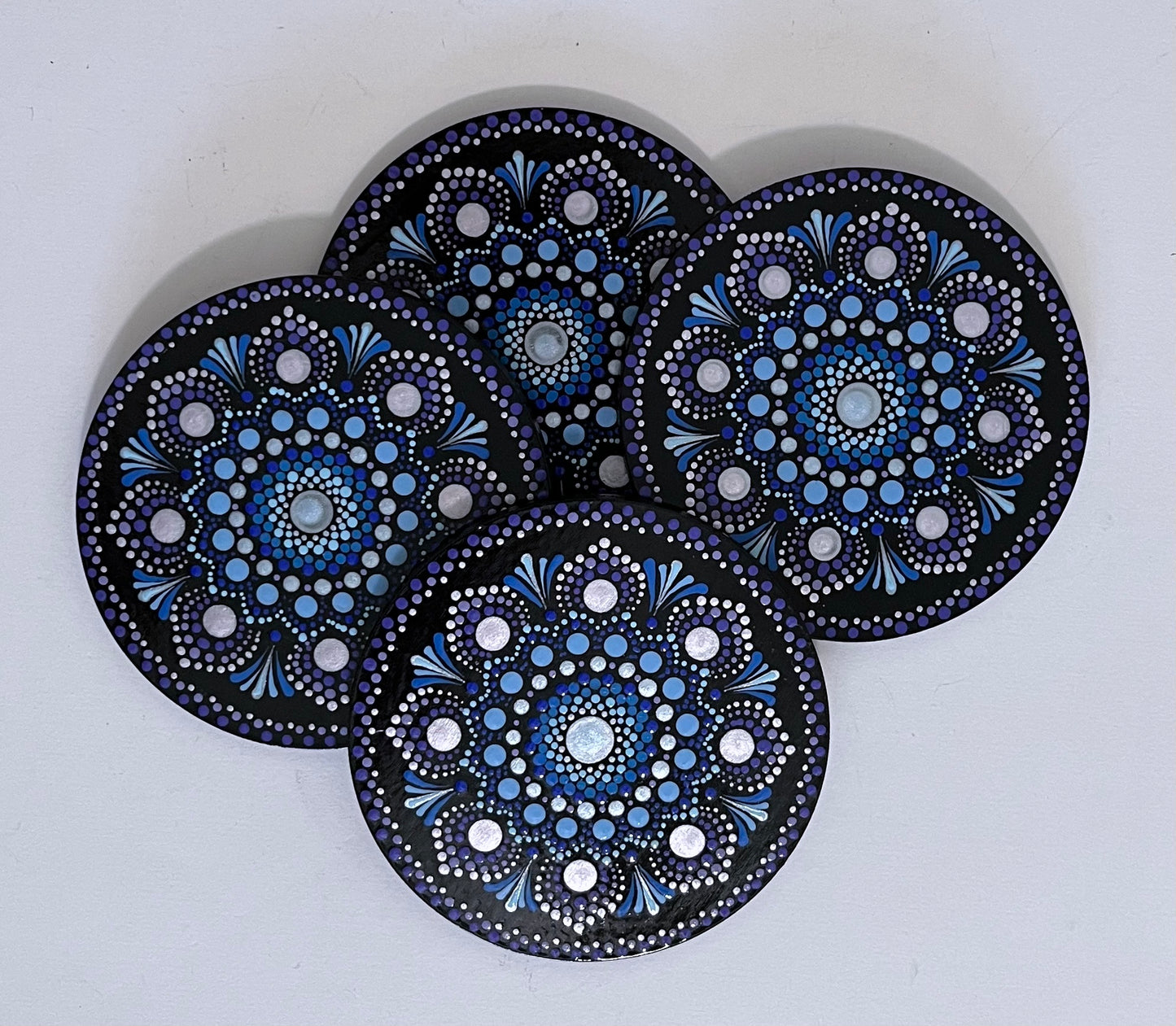 Round Mandala Coasters - Black with Blue Pattern (set of 4)