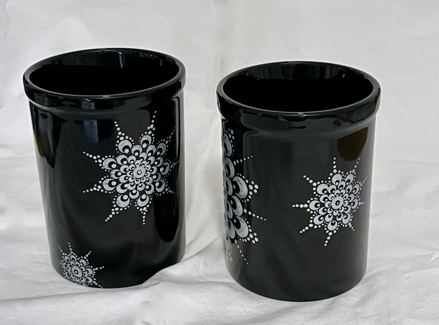 Black Mug with Metallic Silver Mandala Mum pattern