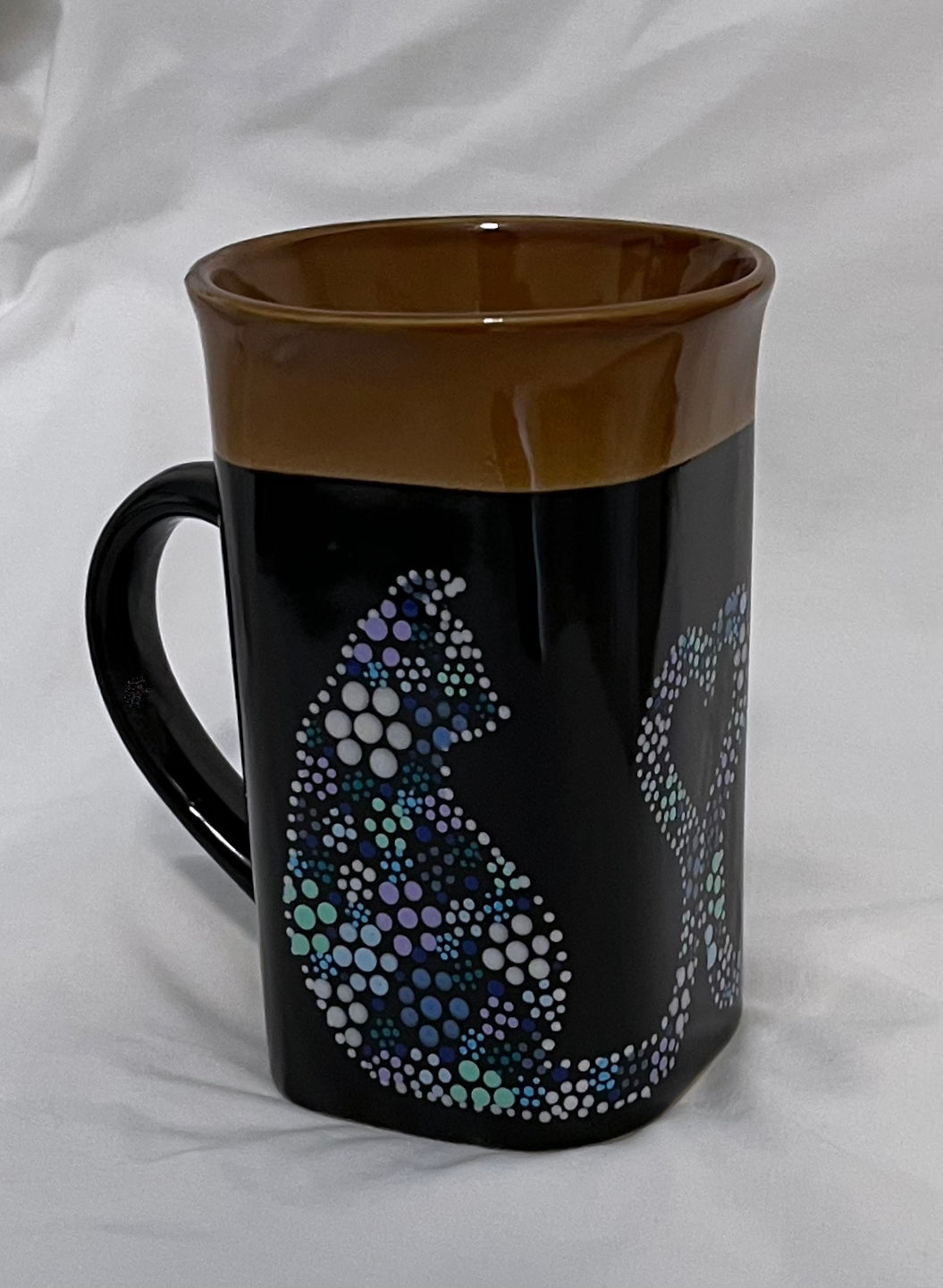 Floral-style Black Cat Mug "Heart Tail" in Cool colors