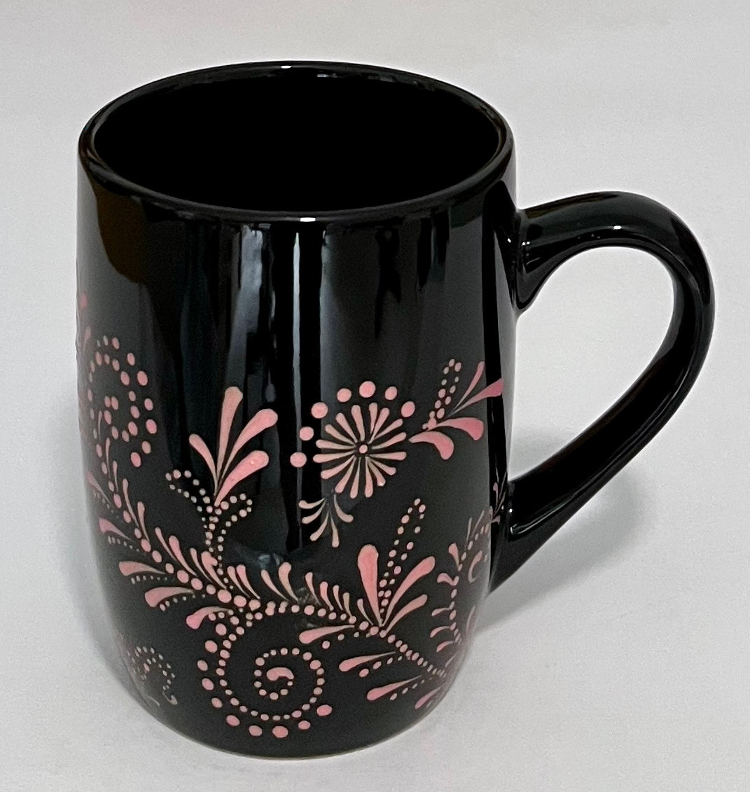 Black Mug with Metallic Pink floral pattern