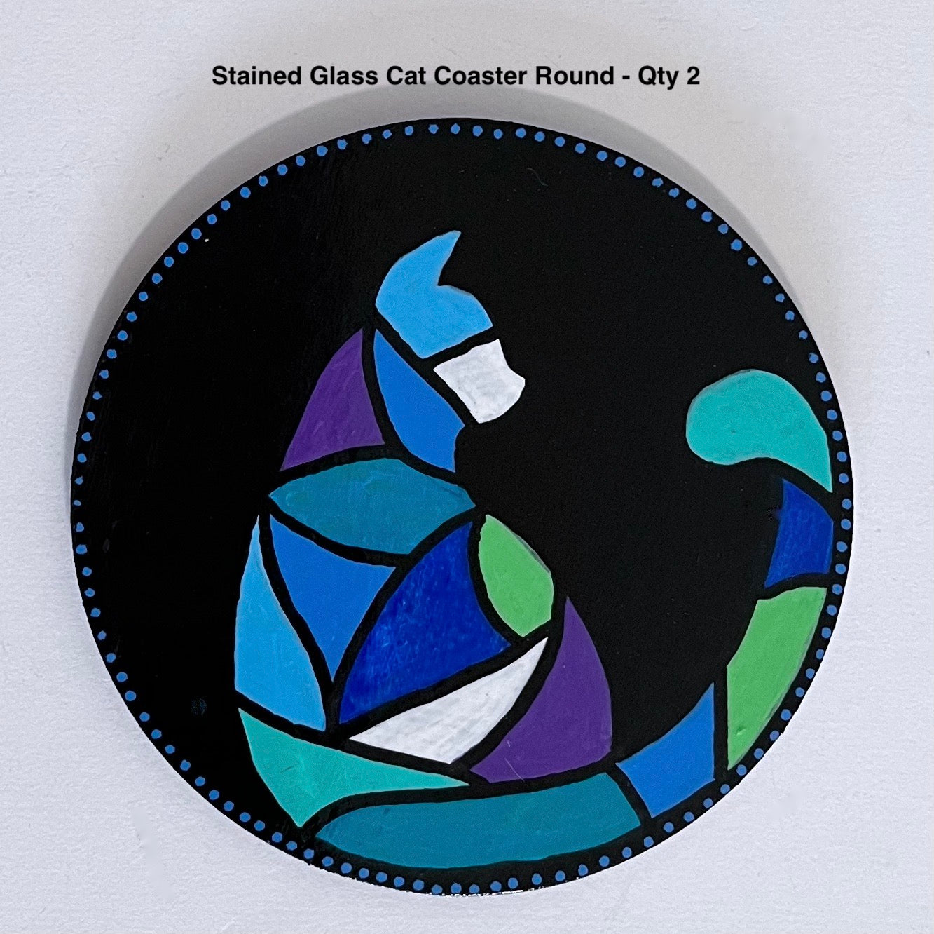 Stained Glass Cat Coasters Round - Black (sold individually)