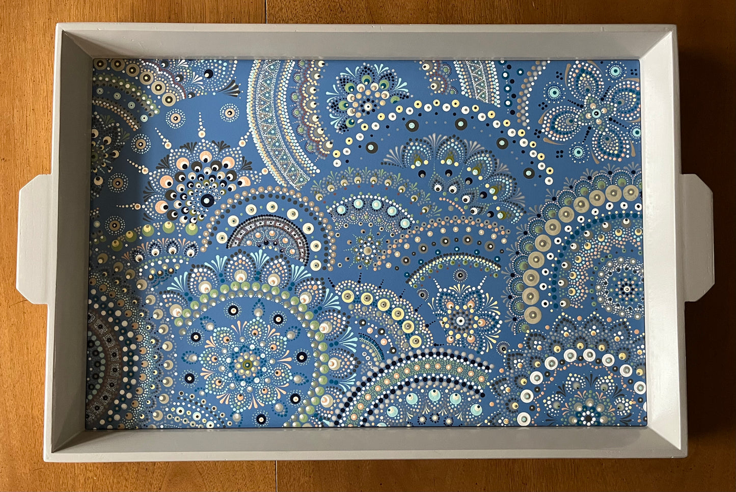 Gray Serving Tray with hand-painted blue base