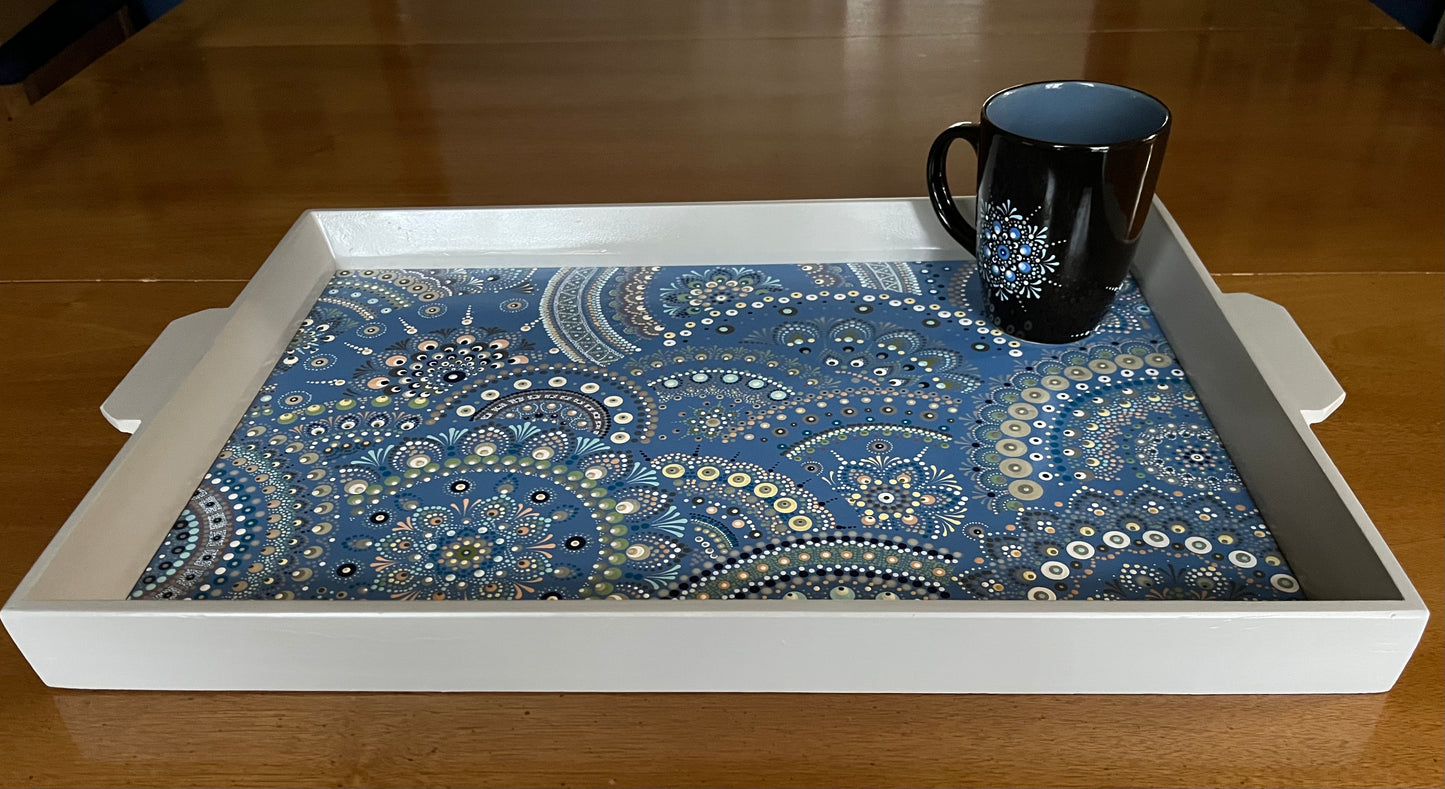 Gray Serving Tray with hand-painted blue base