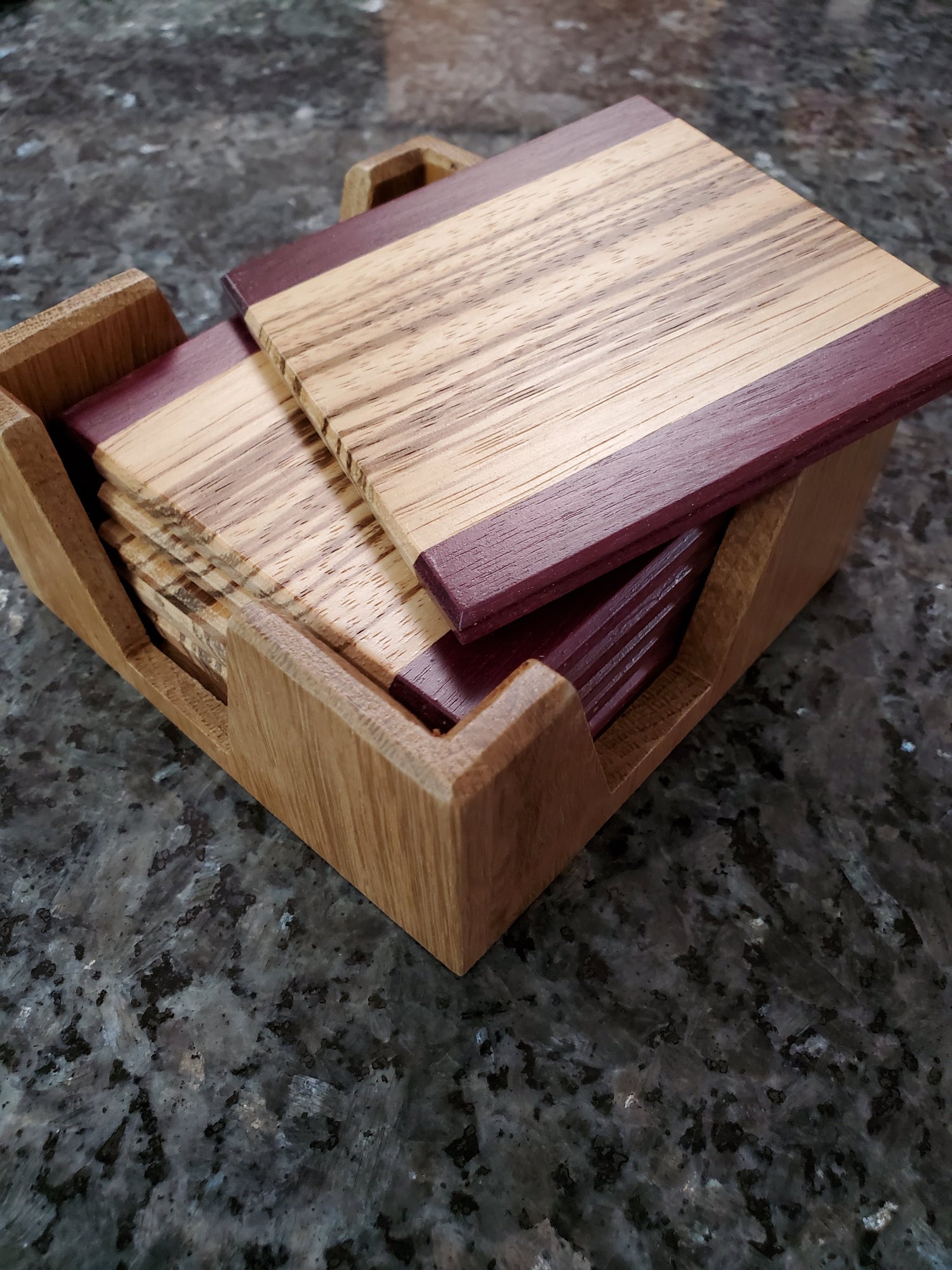 Hand crafted Zebrawood and Purple Heart Coaster Set with Box