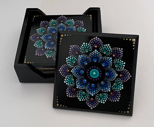 Square Mandala Coasters - Black (set of 4 with box)