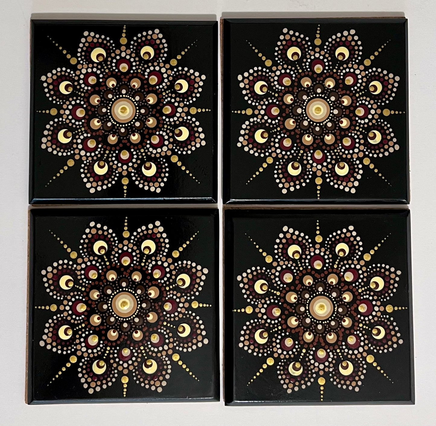 Square Mandala Coasters in Gold and Burgundy - Black (set of 4)