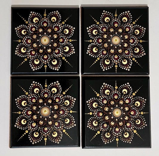 Square Mandala Coasters in Gold and Burgundy - Black (set of 4)