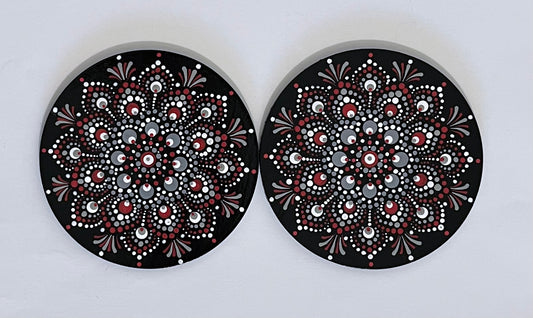 Round Scarlet & Grey Mandala Coasters - Black (set of 2)