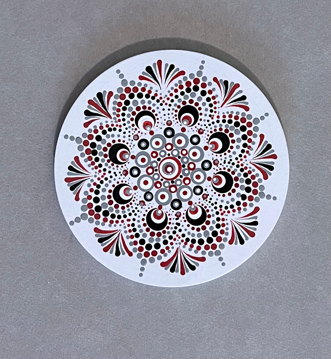 Round Scarlet & Grey Mandala Coasters - White (set of 2)