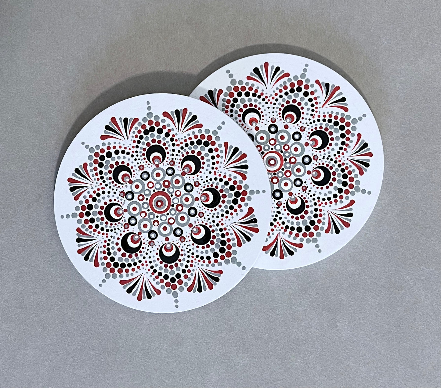 Round Scarlet & Grey Mandala Coasters - White (set of 2)