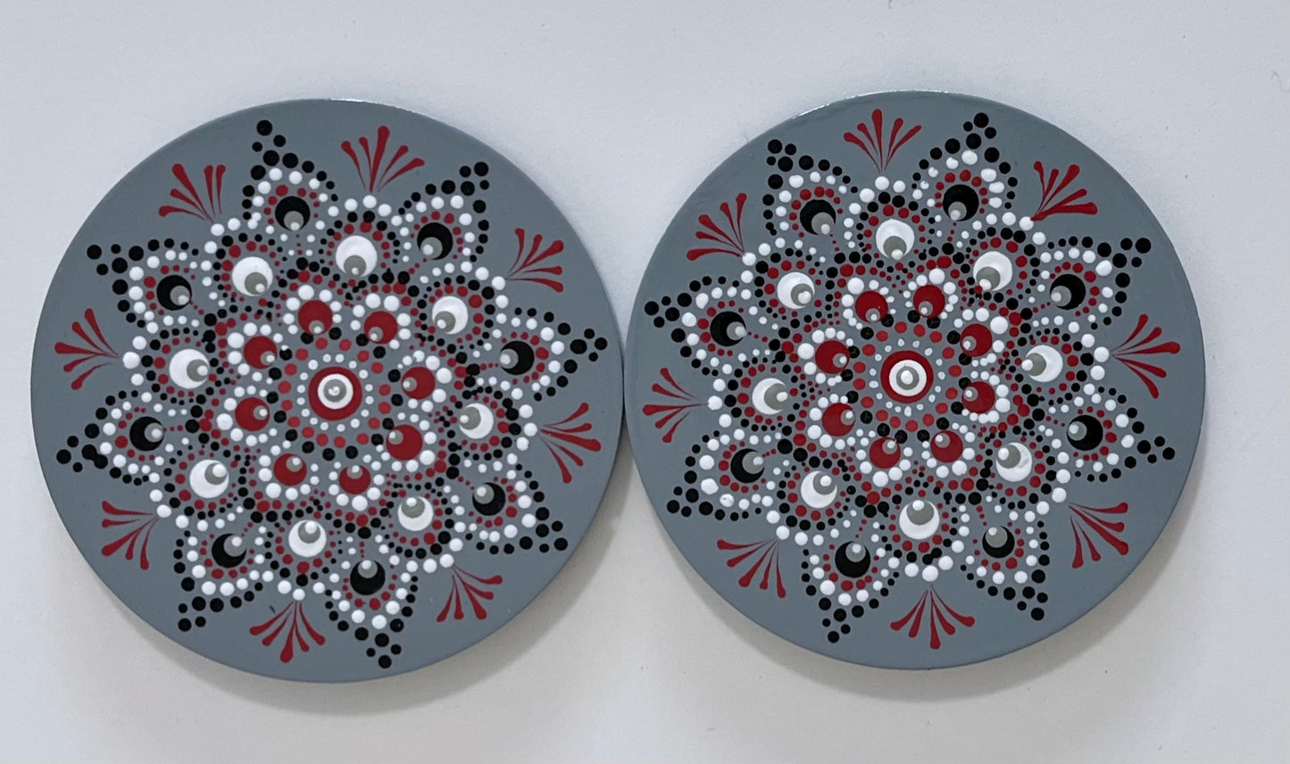 Round Scarlet & Grey Mandala Coasters - Grey (set of 2)