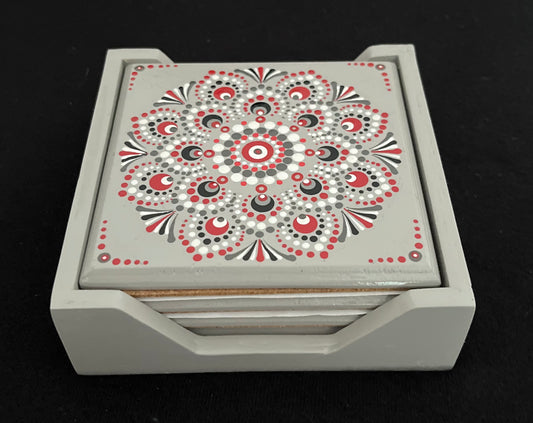 Scarlet & Grey Mandala Coasters - Grey. Set of 4 with box