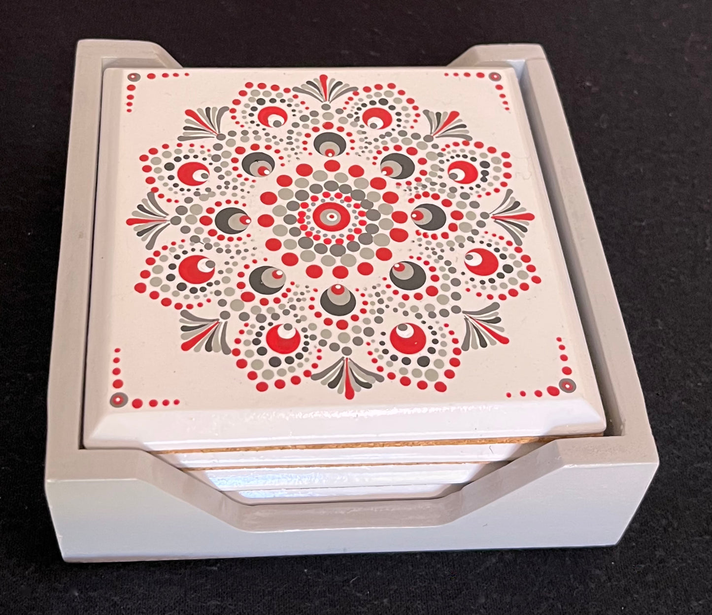 Scarlet & Grey Mandala Coasters - White. Set of 4 with box