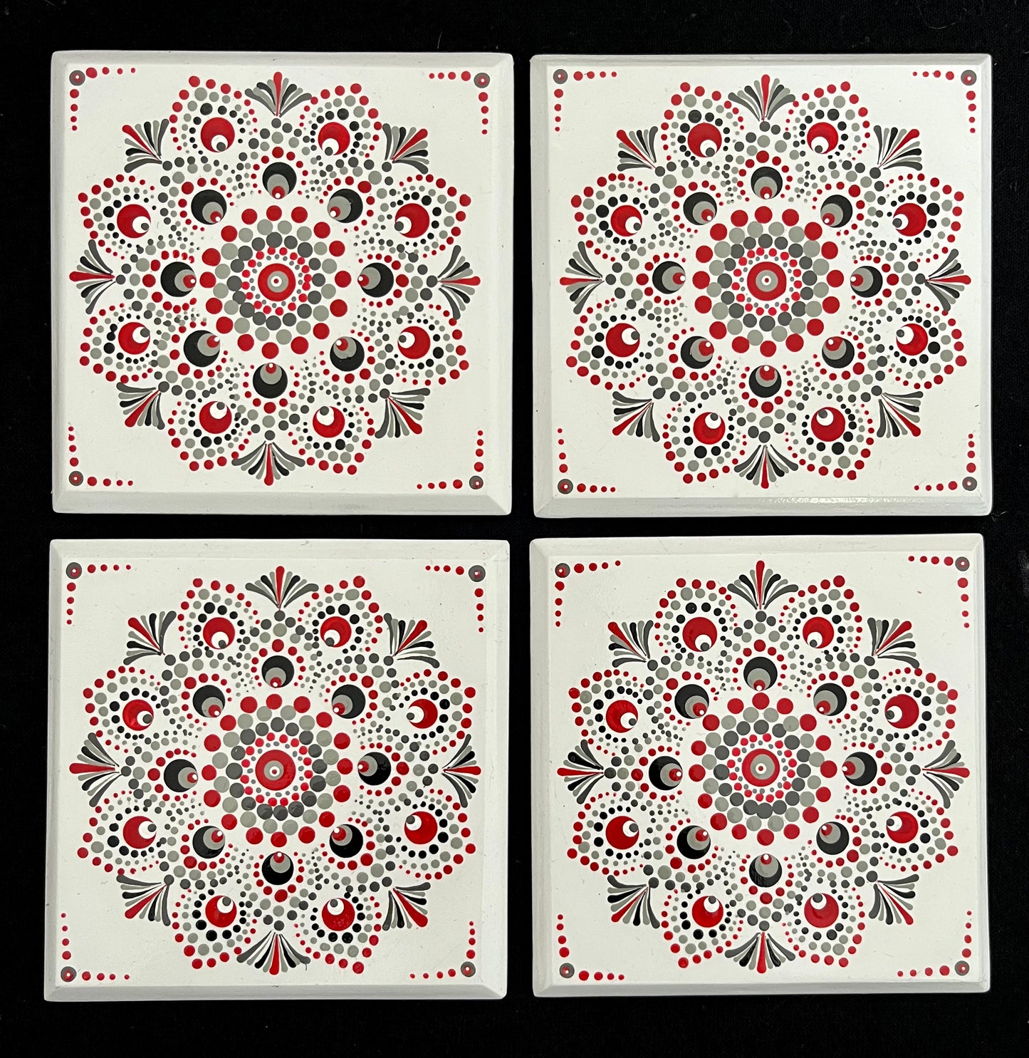 Scarlet & Grey Mandala Coasters - White. Set of 4 with box