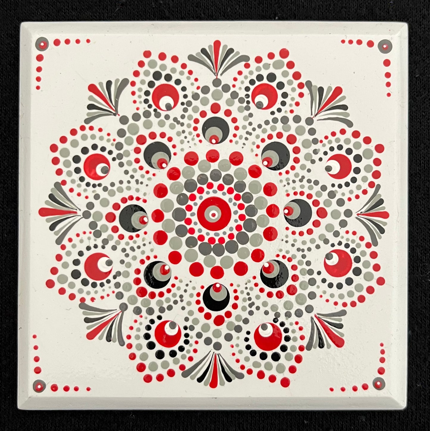 Scarlet & Grey Mandala Coasters - White. Set of 4 with box