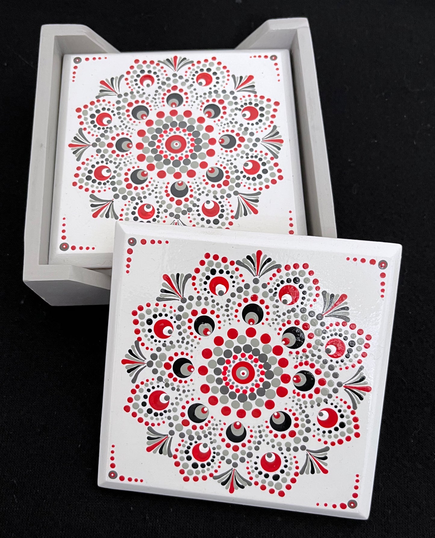 Scarlet & Grey Mandala Coasters - White. Set of 4 with box