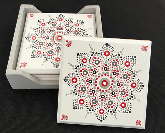 Scarlet & Grey Mandala Coasters #2 - White. Set of 4 with box