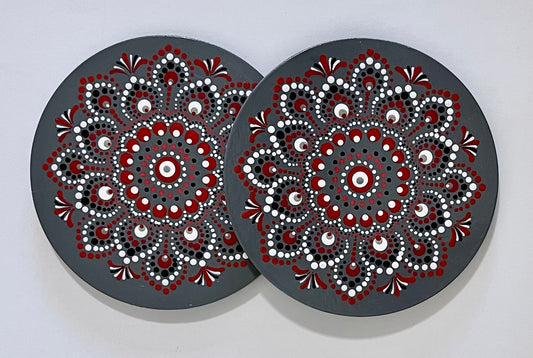 Round Scarlet & Grey Mandala Coasters - Grey (set of 2)