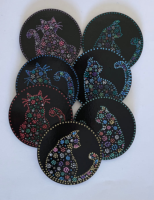 Round Floral Kitty-Cat Coasters - Black - sold separately