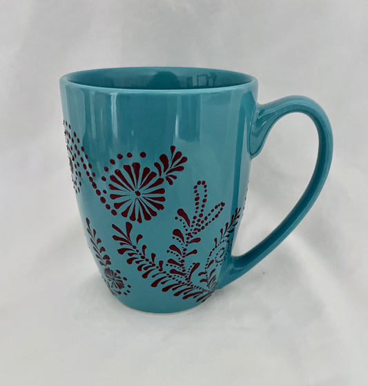 Turquoise Mug with Metallic Wine floral pattern