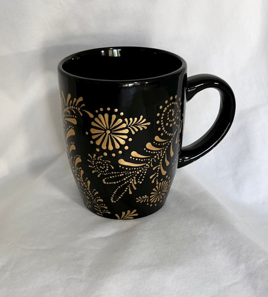 Black Mug with Metallic Gold floral pattern