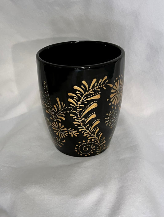 Black Mug with Metallic Gold floral pattern