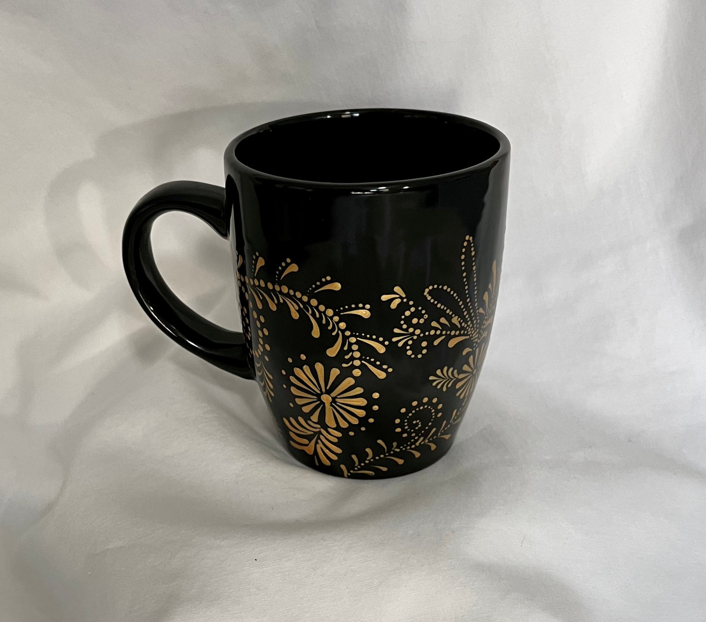 Black Mug with Metallic Gold floral pattern