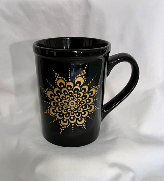 Black Mug with Metallic Gold Mandala Mum pattern