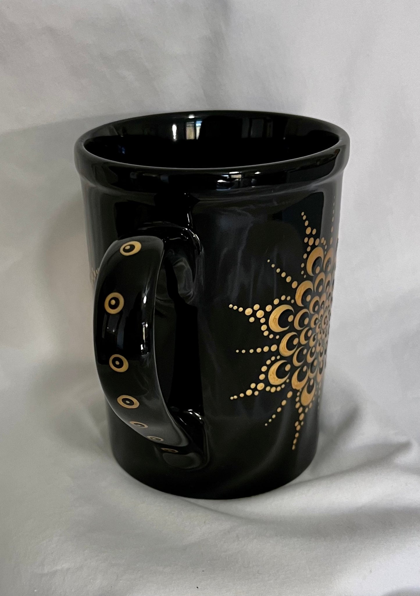 Black Mug with Metallic Gold Mandala Mum pattern