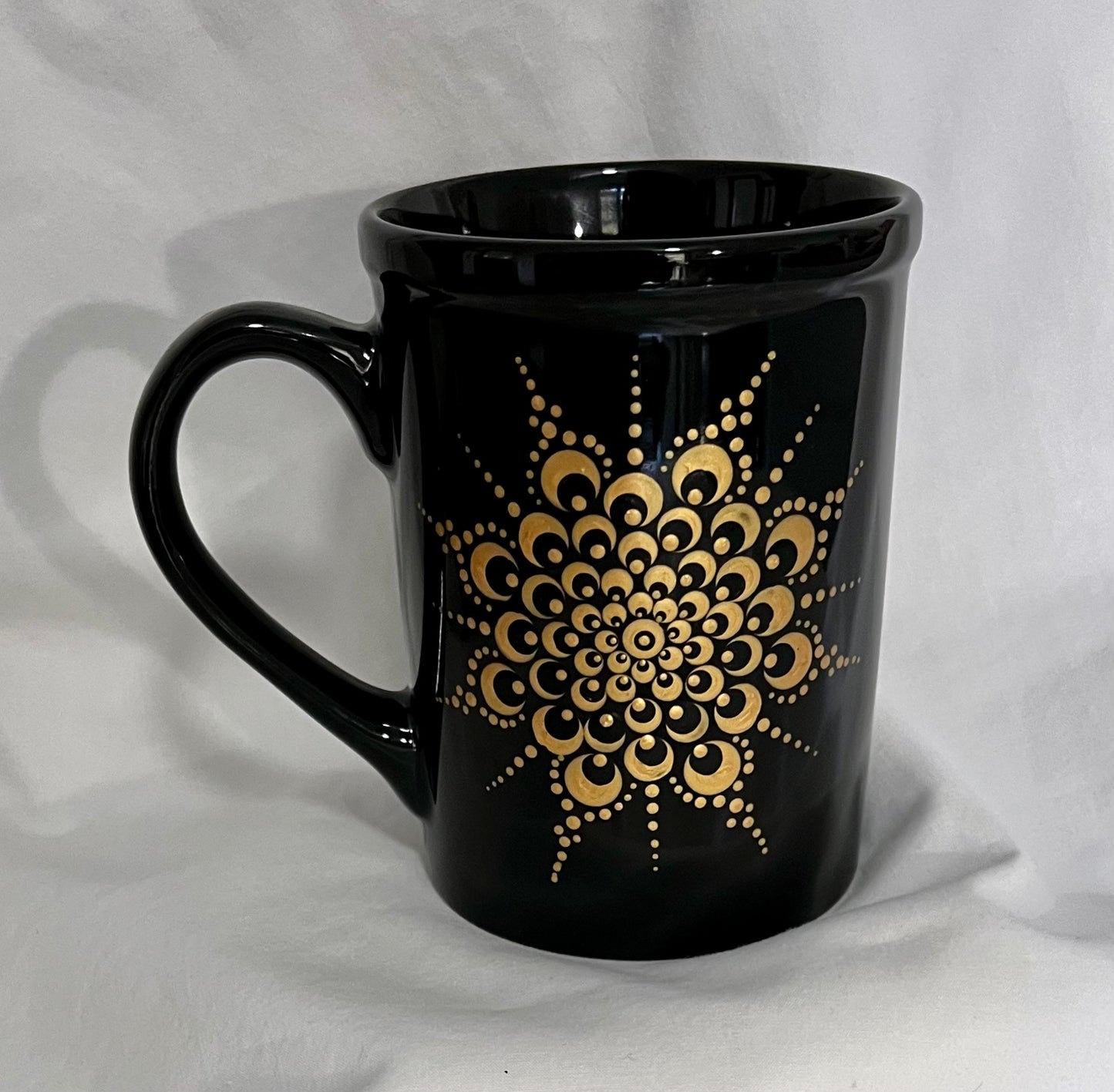 Black Mug with Metallic Gold Mandala Mum pattern