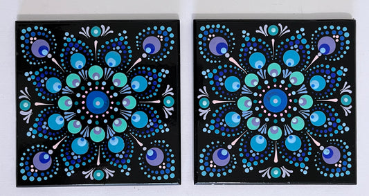Mandala Coaster - Black with Cool toned Mandala (set of 2)