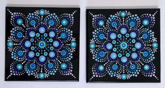 Mandala Coaster - Black with Cool toned Mandala #2 (set of 2)